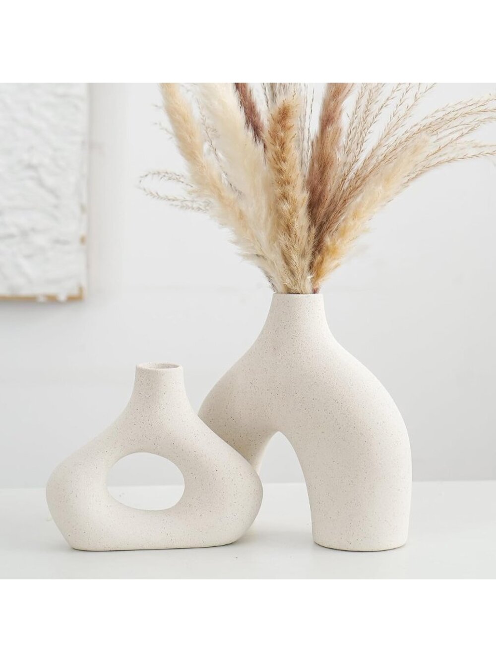 Modern Beige Ceramic Round Matte Donut Vase Set Of 2 For Living Room Decoration